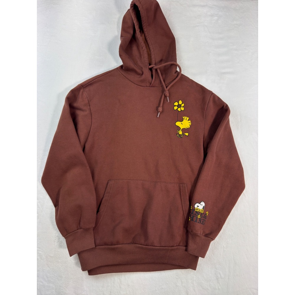 Peanuts Snoopy Woodstock Rise & Shine Brown Graphic Hoodie Sweatshirt Medium